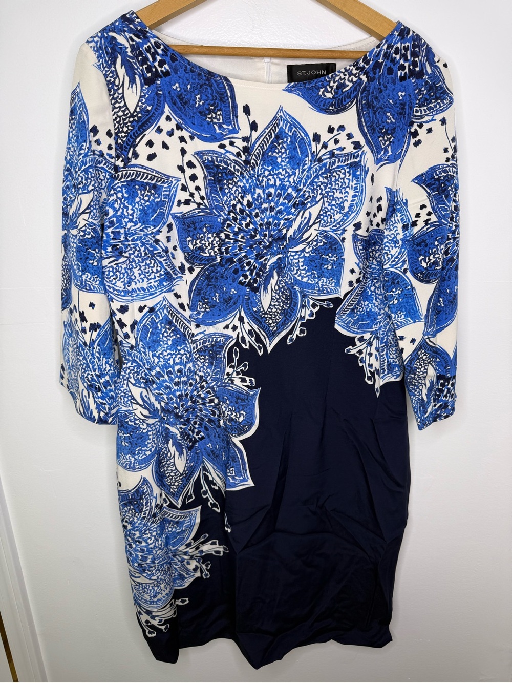 St John Silk Blue Floral 3/4 Sleeve Sheath Dress